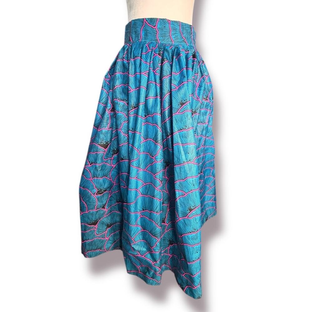 Melmikay’s Blue Pink African Ankara Floral Print Flowing Midi Skirt High Waist - Picture 1 of 9